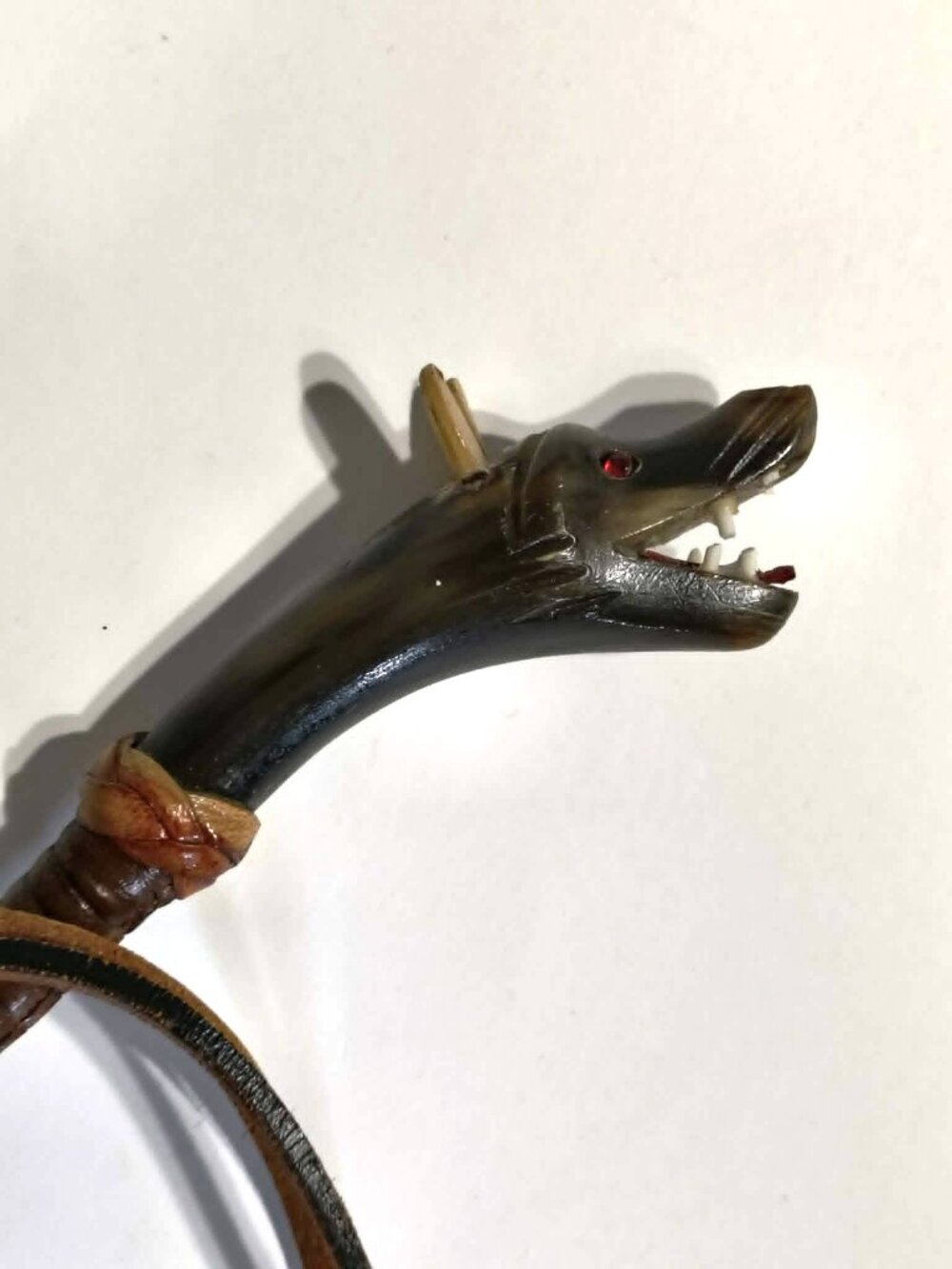 Riding crop leather carved dog head